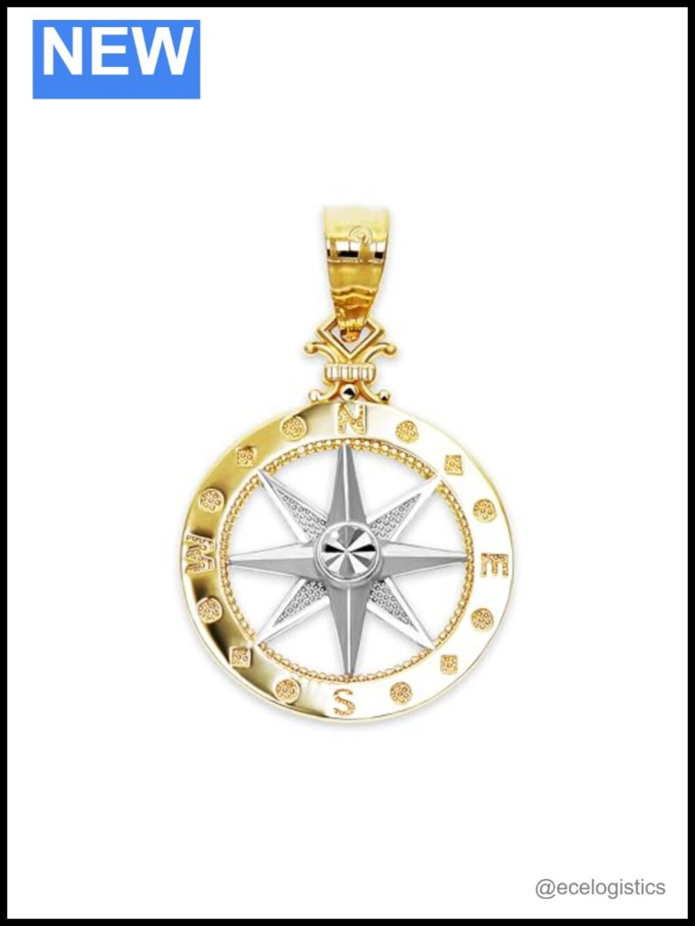 10K Solid Gold Two-Tone Compass Charm Pendant Nautical Jewelry